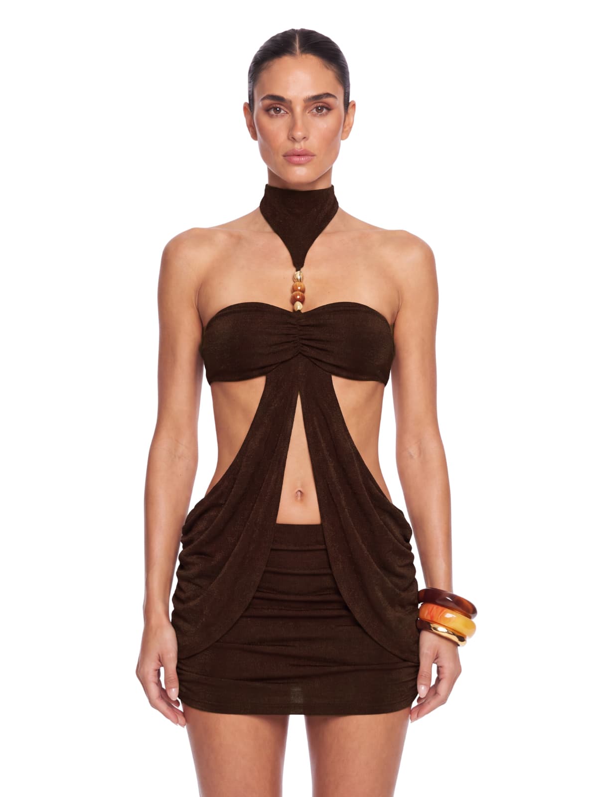 Quarlen Halterneck Draped Cutout Mini Dress