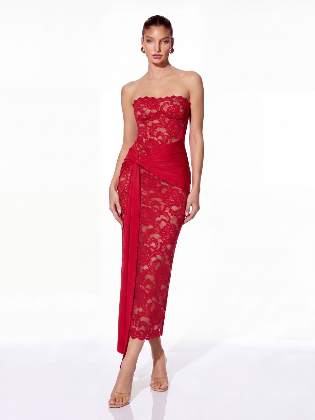 Roslen Strapless Lace Maxi Dress In Red