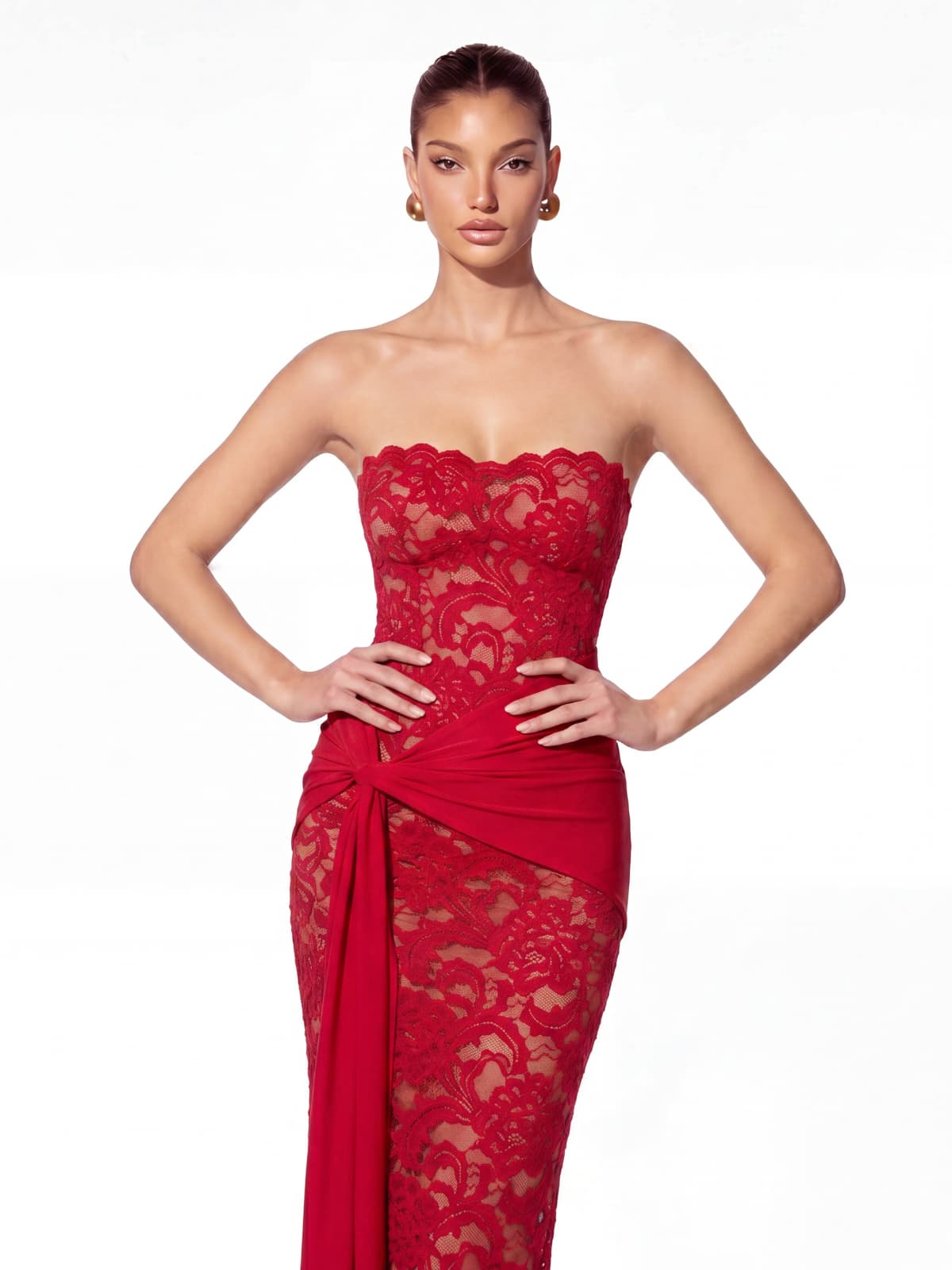 Roslen Strapless Lace Maxi Dress In Red