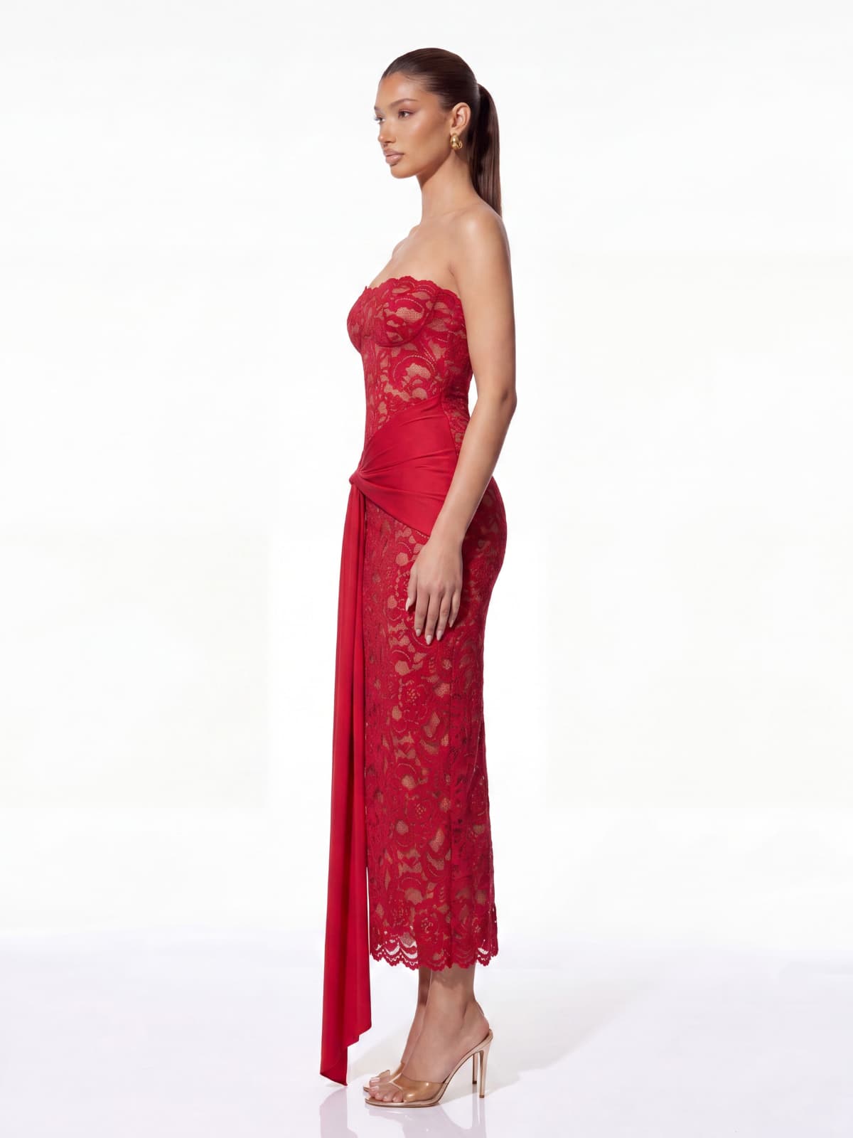 Roslen Strapless Lace Maxi Dress In Red