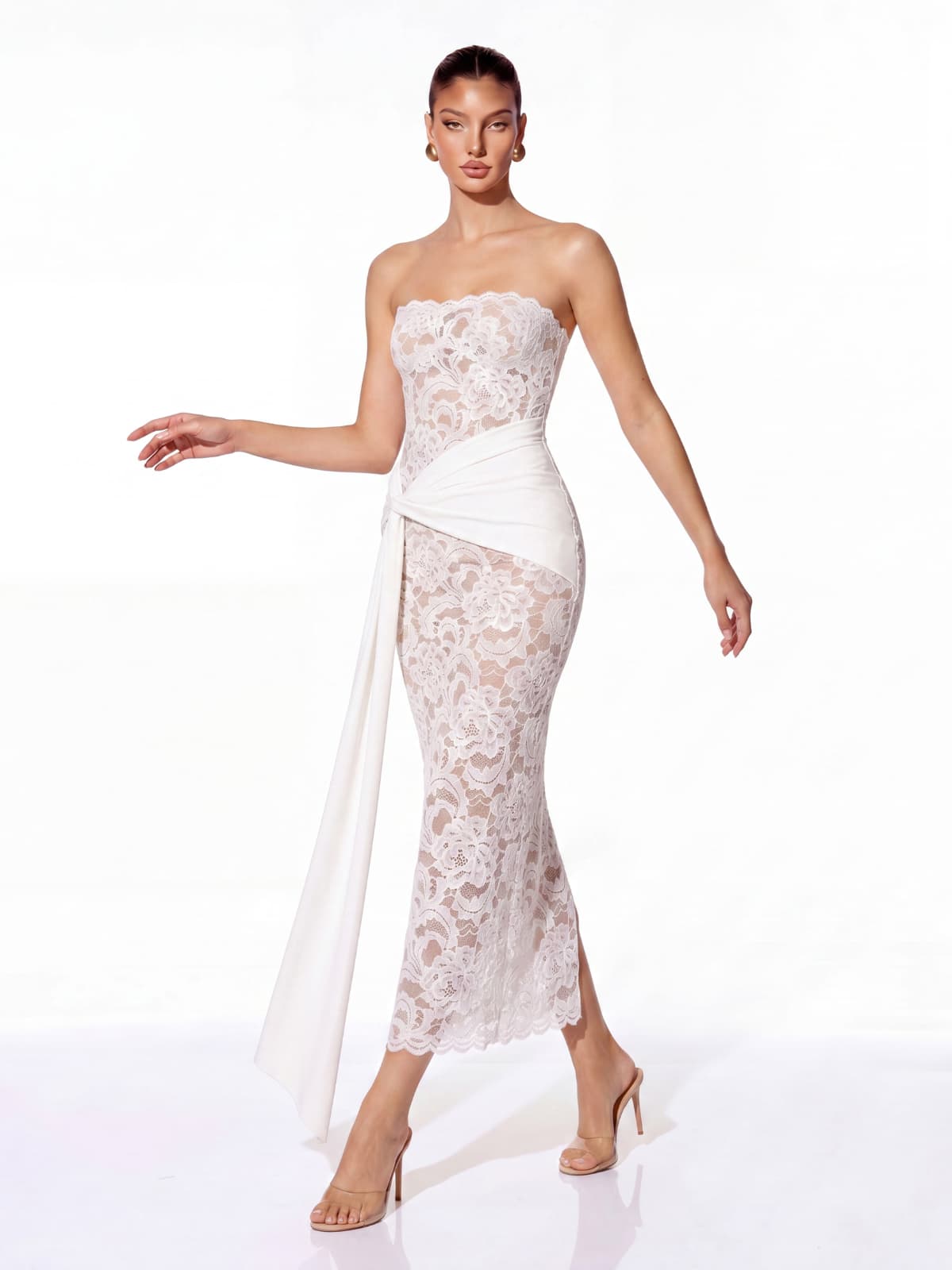 Roslen Strapless Lace Maxi Dress In White
