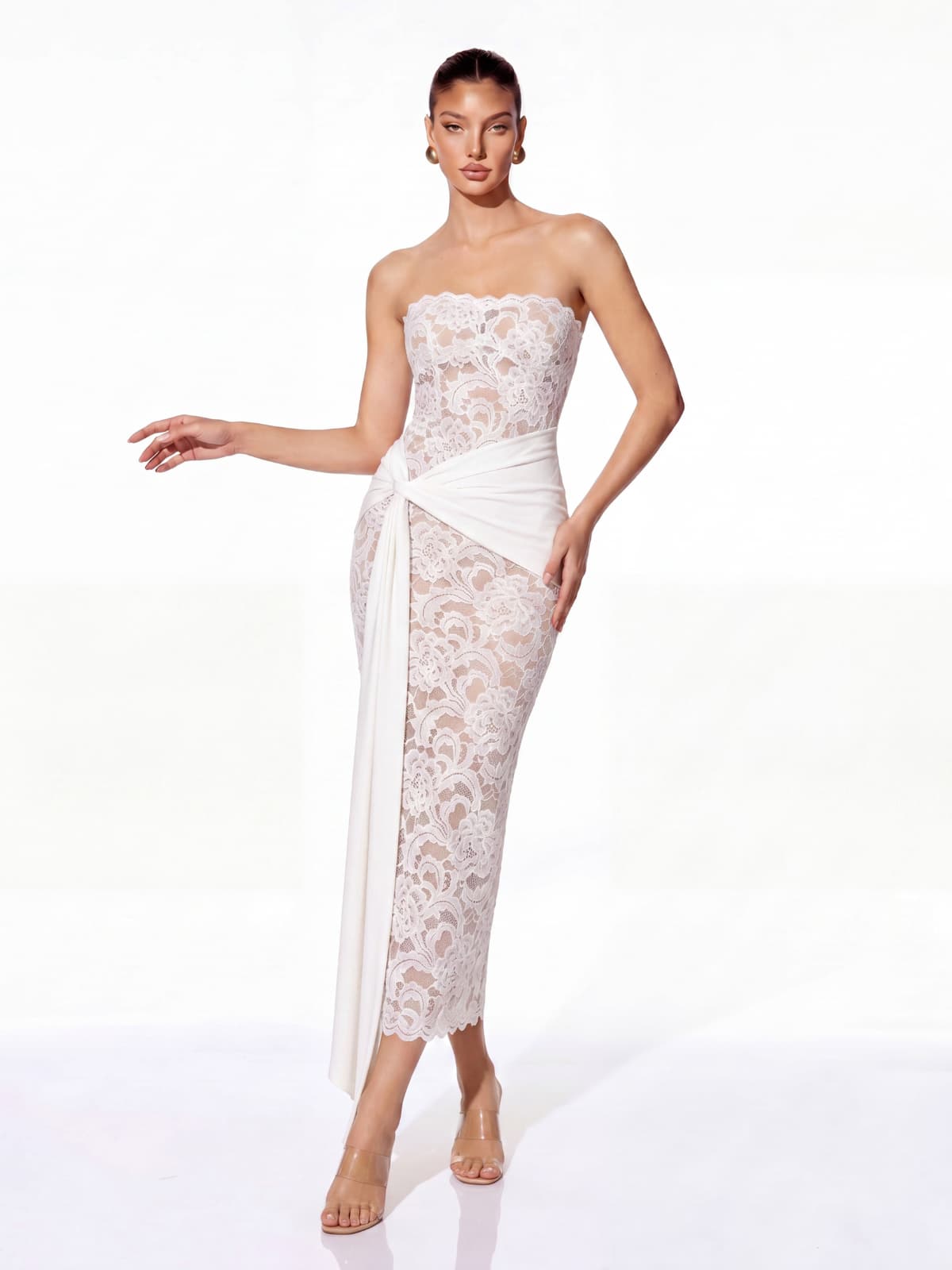 Roslen Strapless Lace Maxi Dress In White