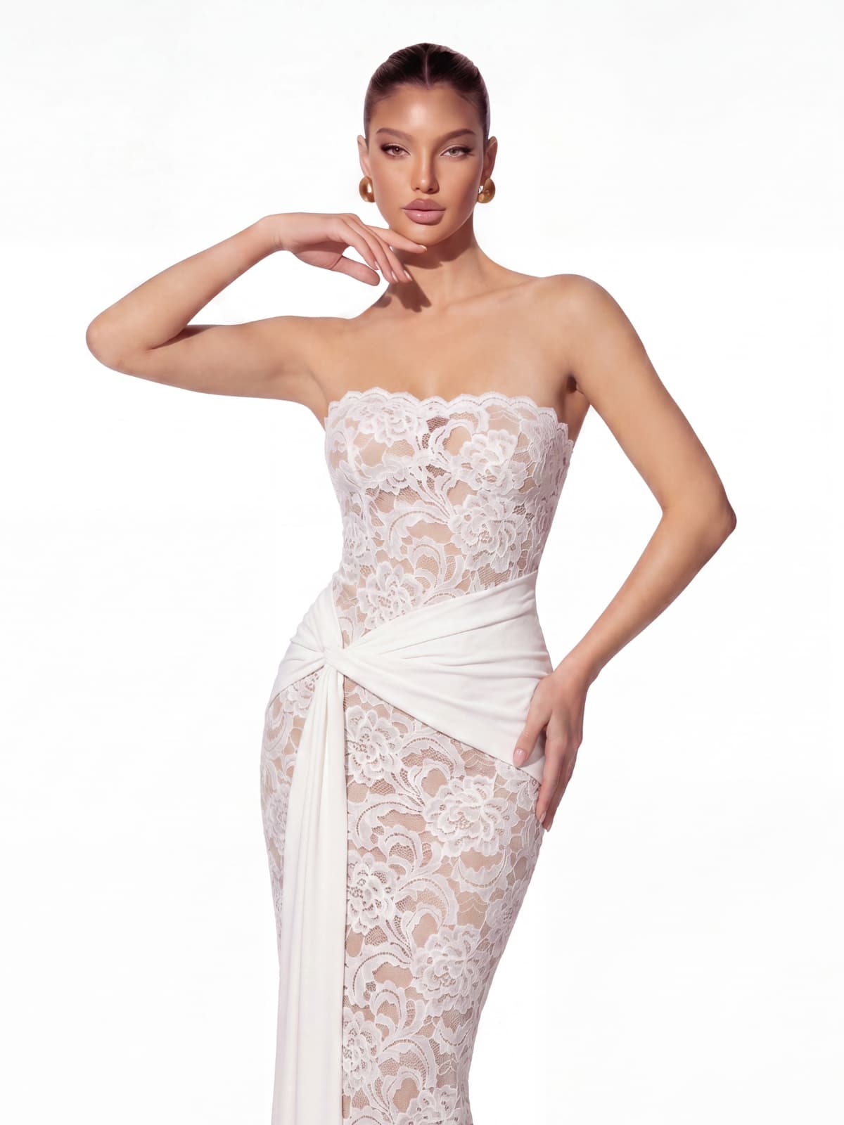 Roslen Strapless Lace Maxi Dress In White