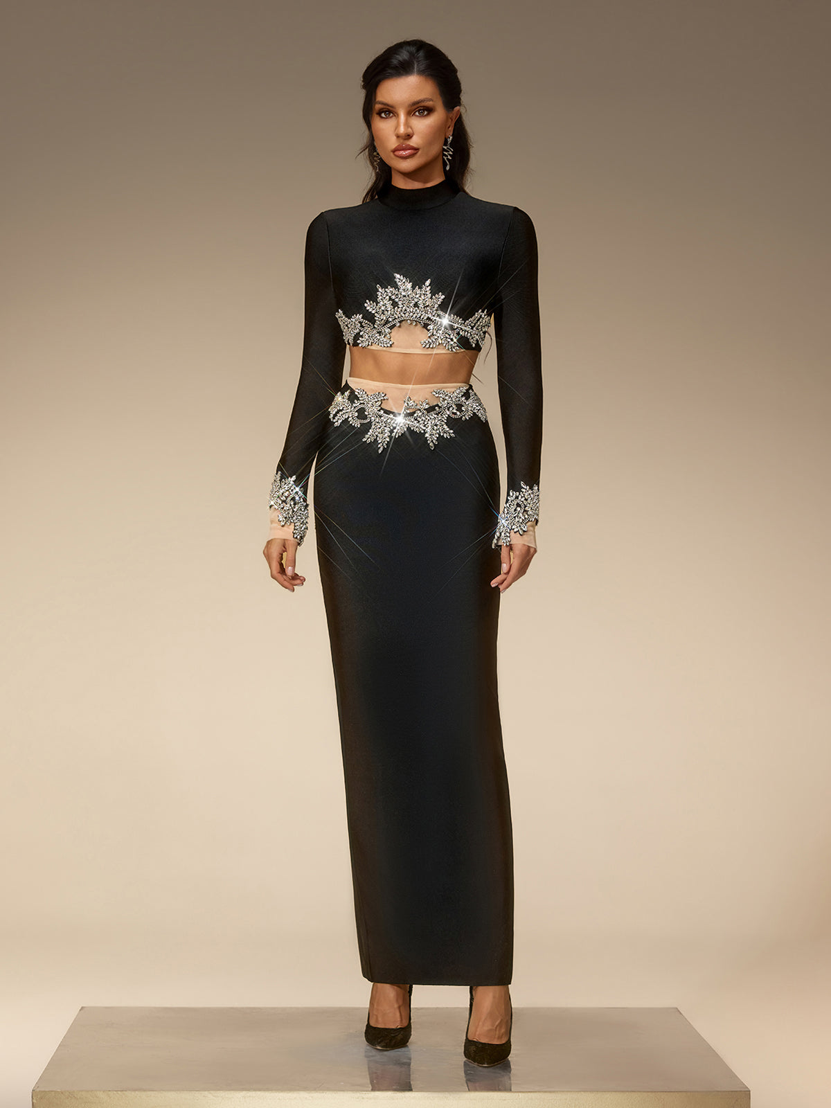 Selis Long Sleeve Rhinestone Bandage Skirt Set