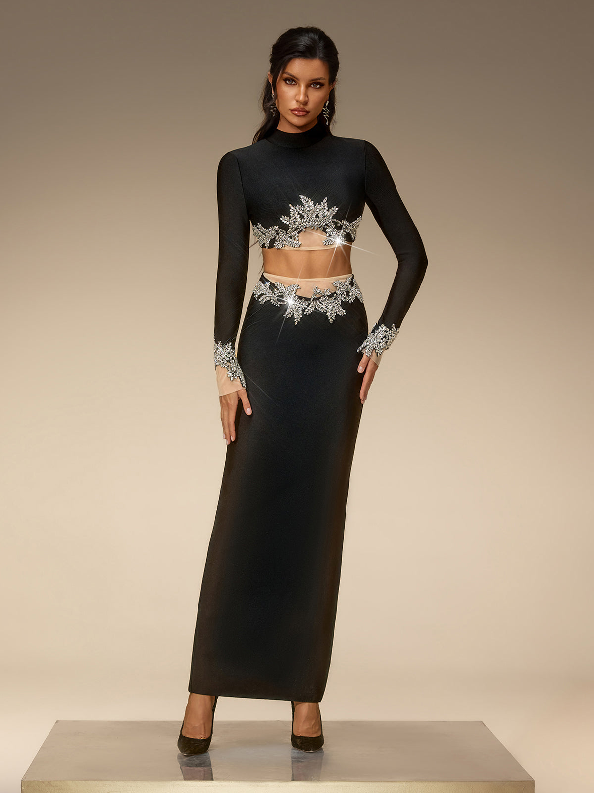 Selis Long Sleeve Rhinestone Bandage Skirt Set