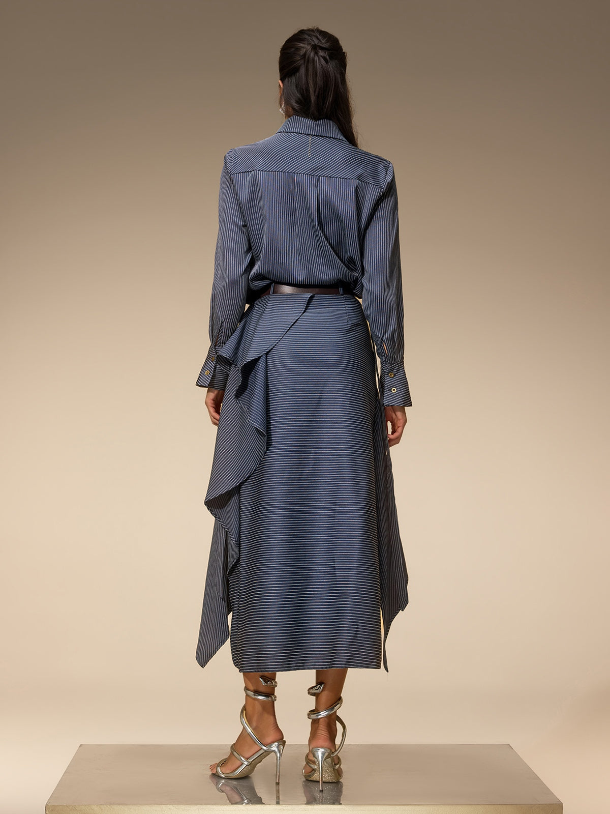 Selora Stripe Shirt Skirt Set With Belt