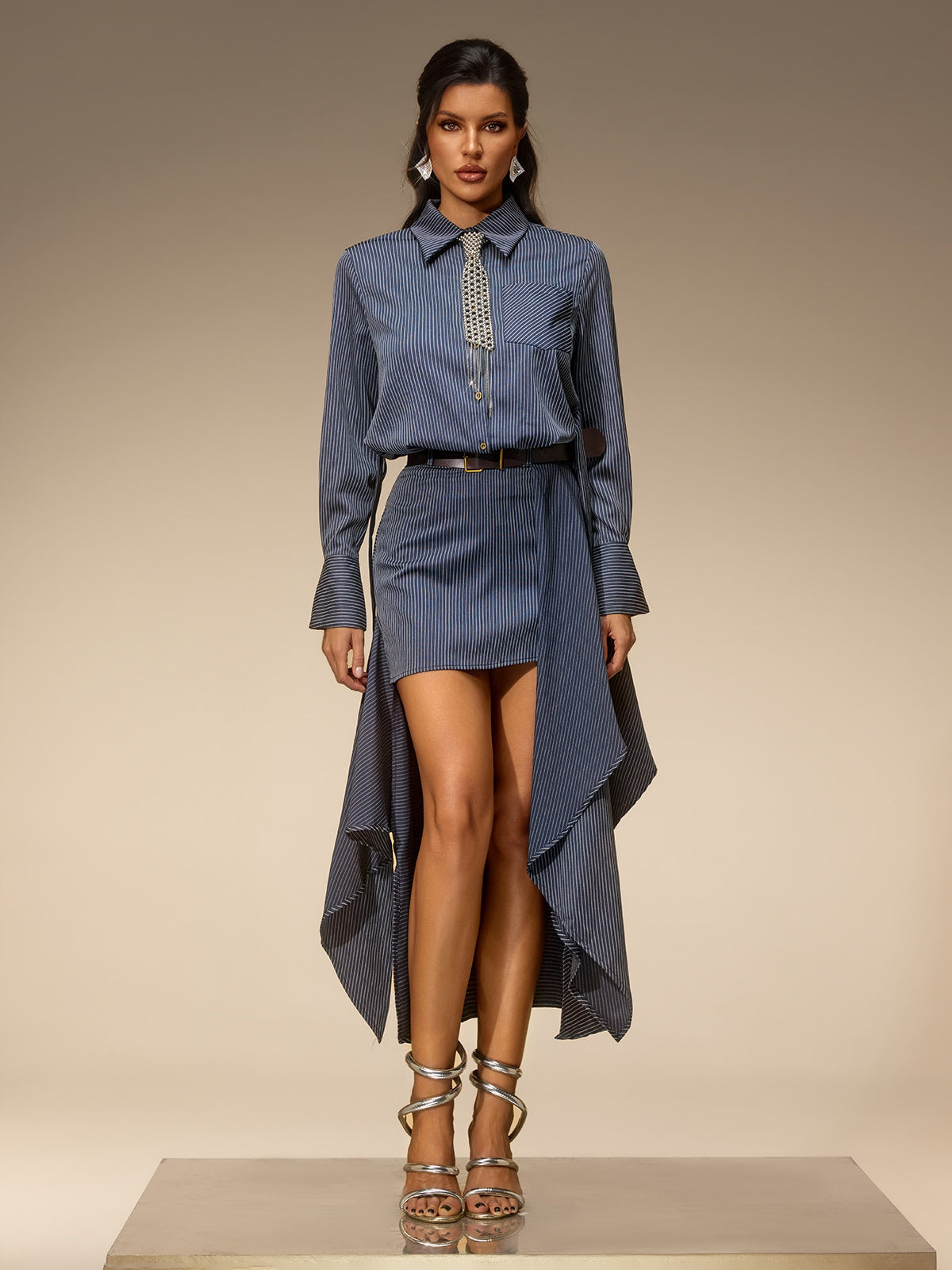 Selora Stripe Shirt Skirt Set With Belt