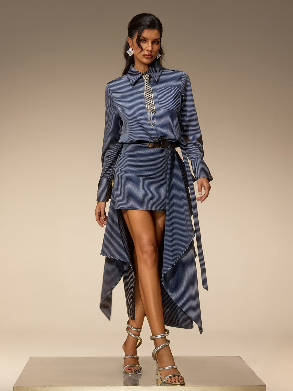 Selora Stripe Shirt Skirt Set With Belt