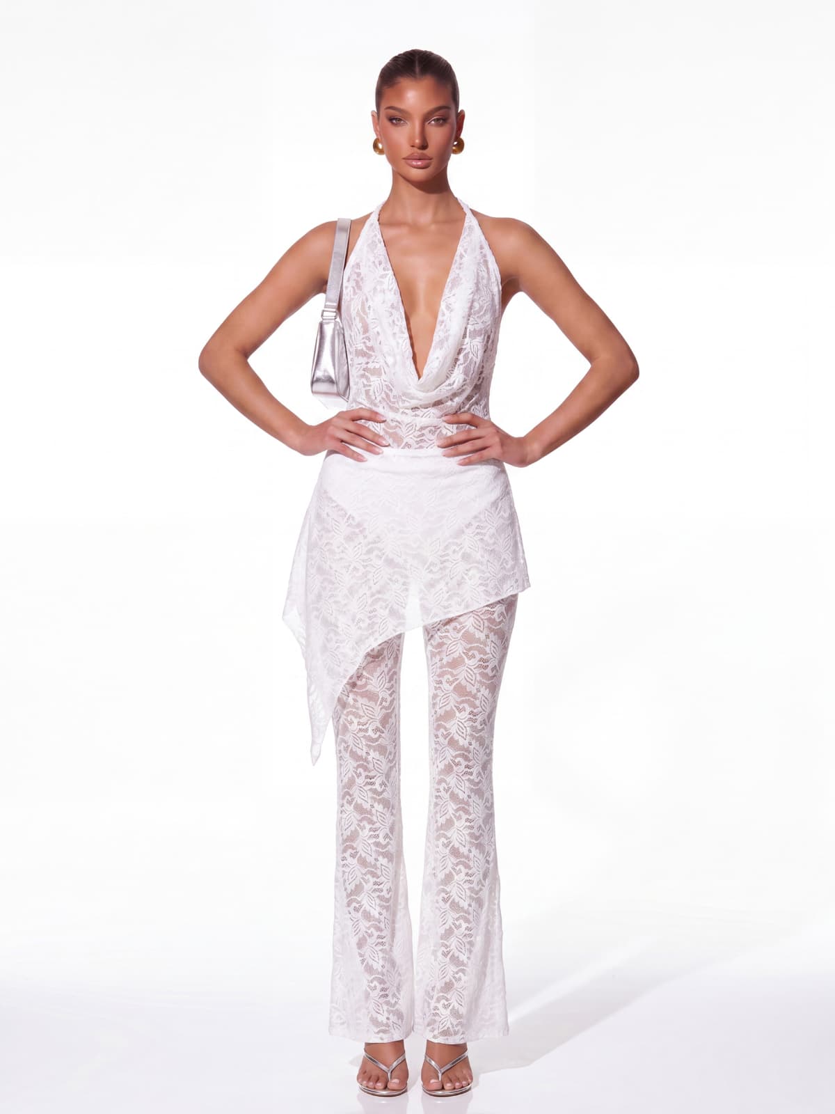 Senora Cowl Neck Lace Flared Pants Set