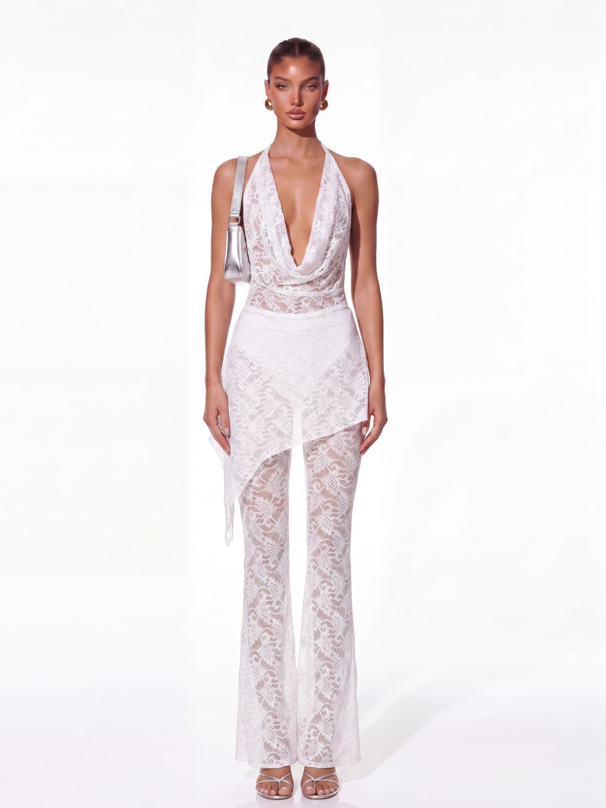 Senora Cowl Neck Lace Flared Pants Set