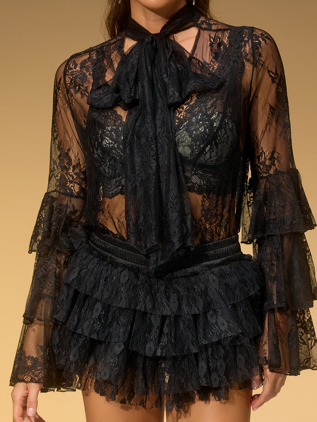 Siesha Flare Sleeve Lace Tiered Skirt Set