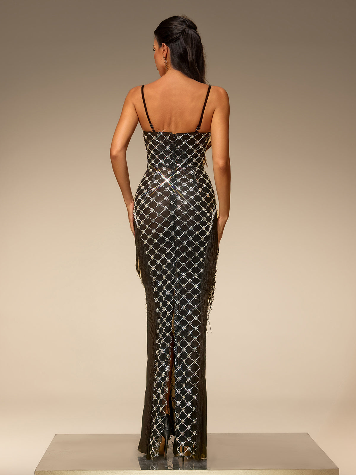 Siesina Spaghetti Sequin Fringe Maxi Dress