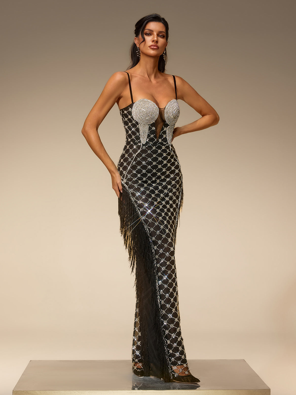 Siesina Spaghetti Sequin Fringe Maxi Dress
