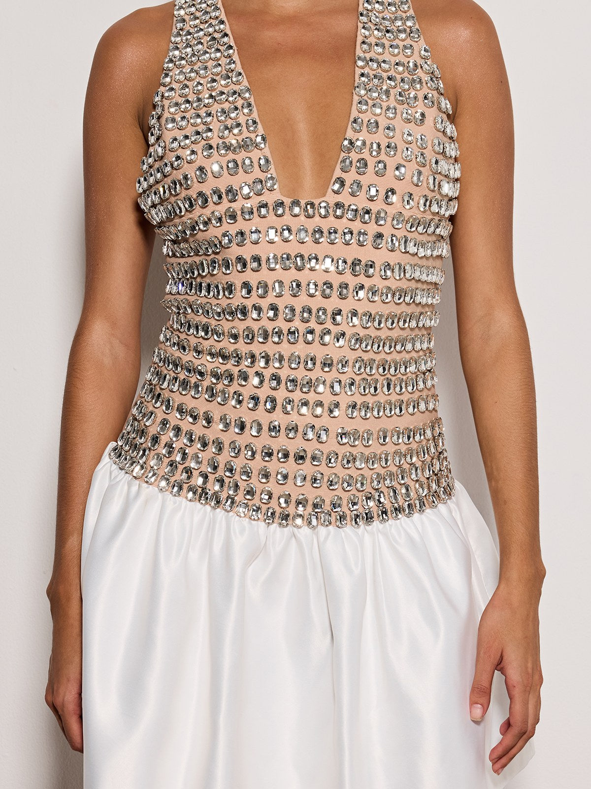 Siran Halterneck Satin Crystal Mini Dress