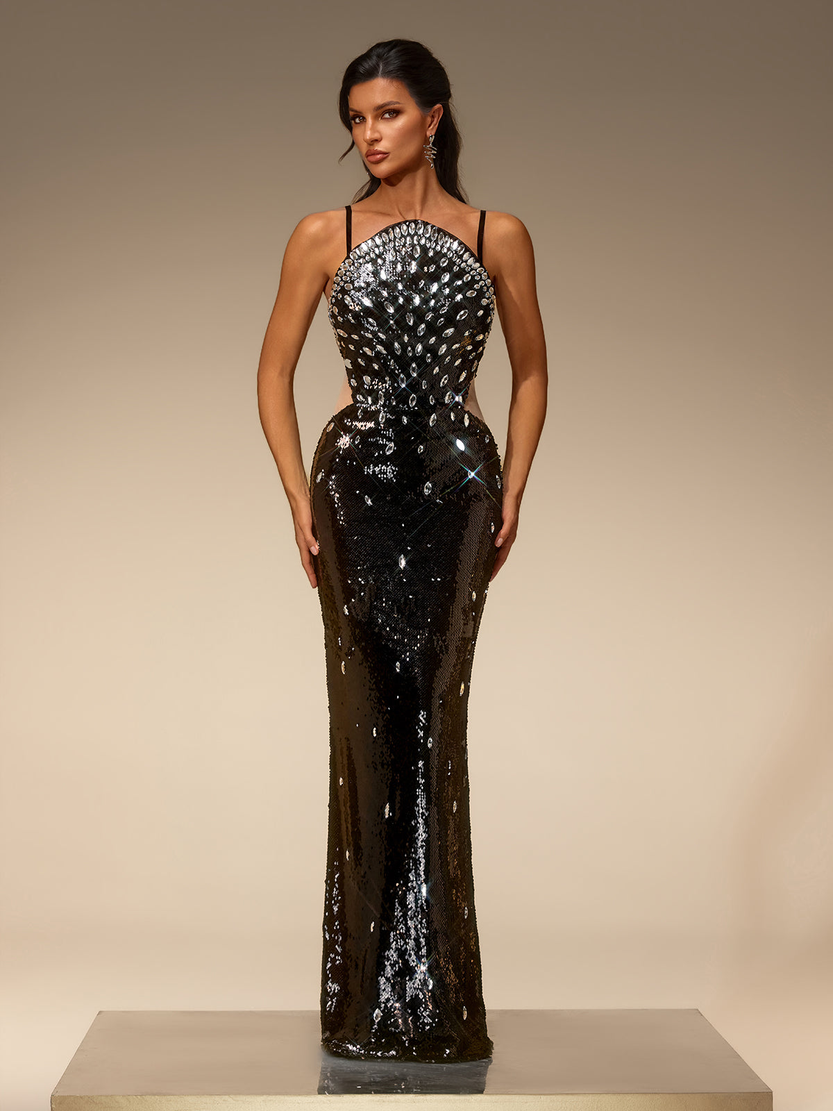 Soline Spaghetti Crystal Sequin Maxi Dress