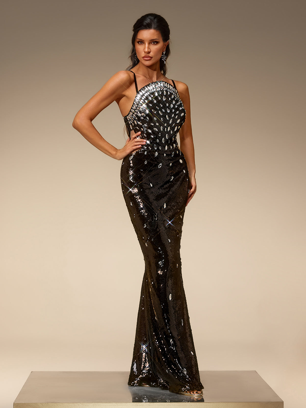 Soline Spaghetti Crystal Sequin Maxi Dress