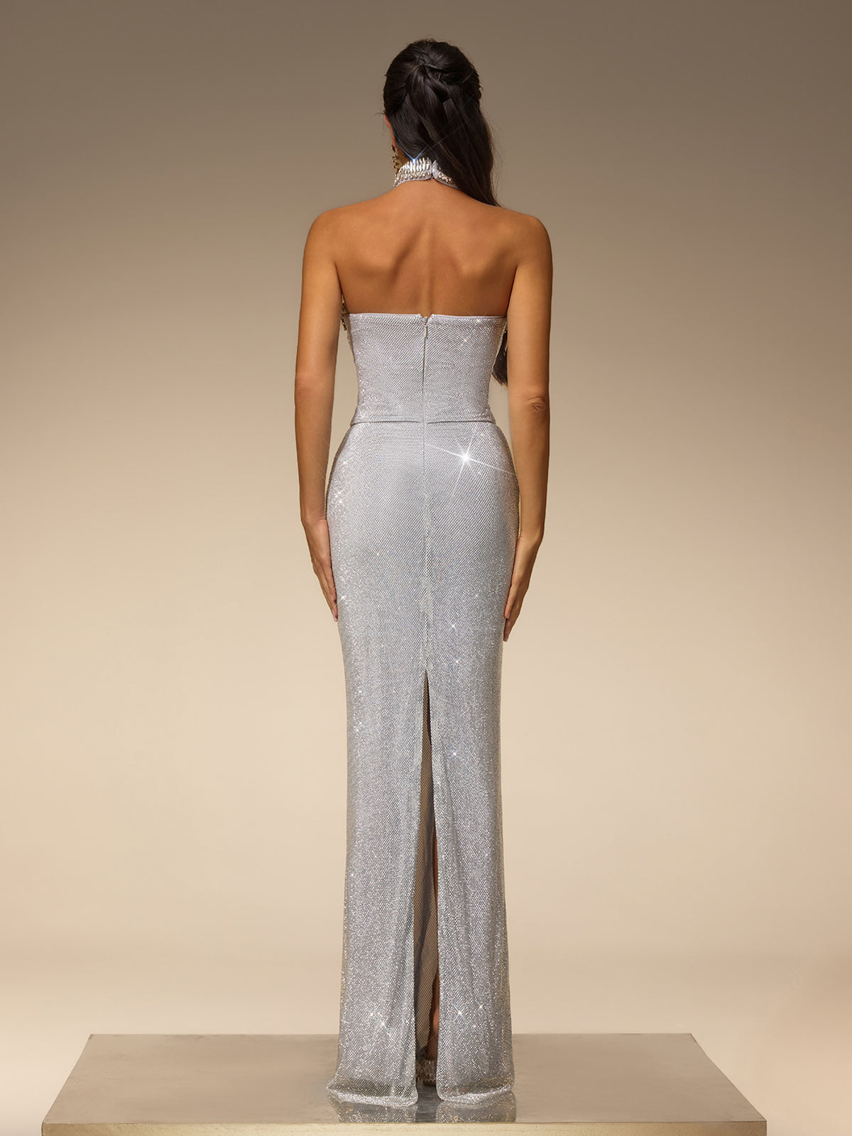 Subtrix Strapless Rhinestone Mesh Maxi Dress