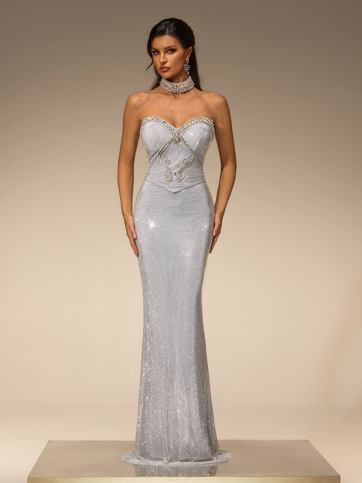 Subtrix Strapless Rhinestone Mesh Maxi Dress
