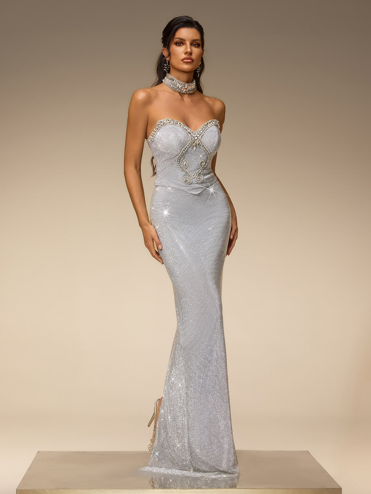 Subtrix Strapless Rhinestone Mesh Maxi Dress