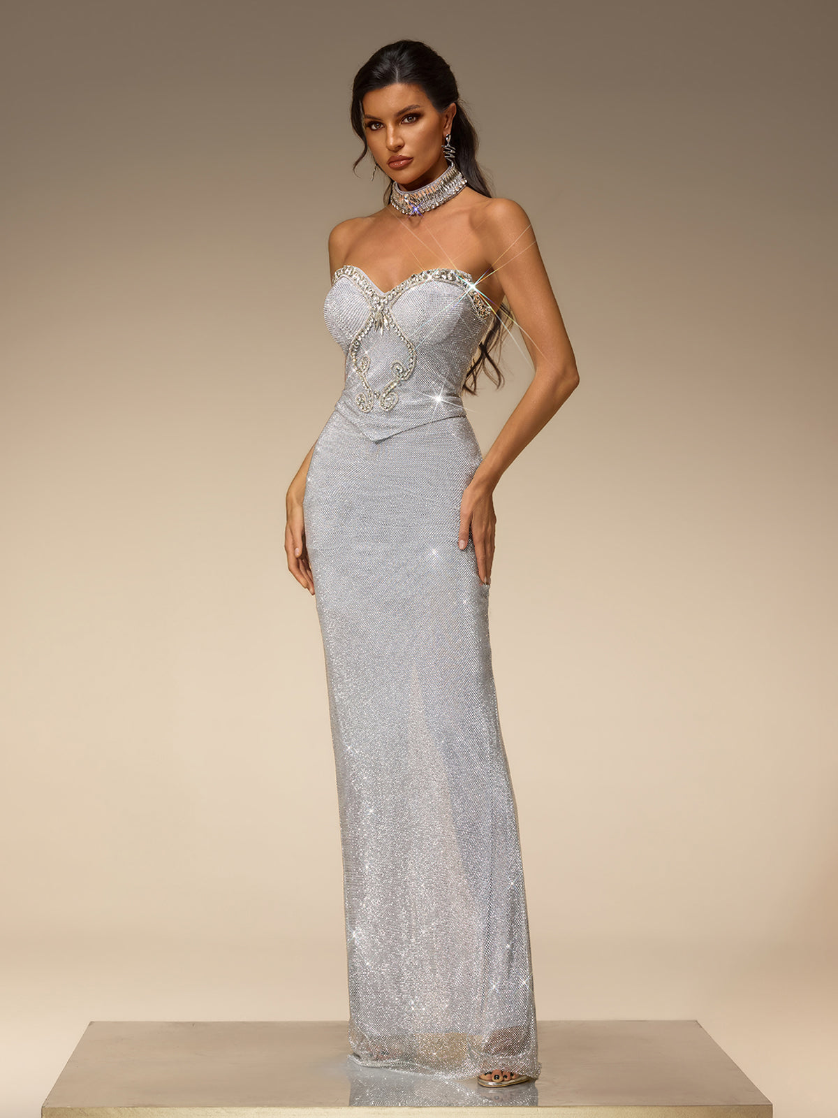 Subtrix Strapless Rhinestone Mesh Maxi Dress