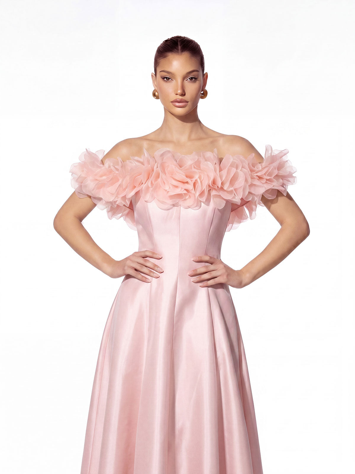 Sylven Off Shoulder Flower Satin Maxi Dress