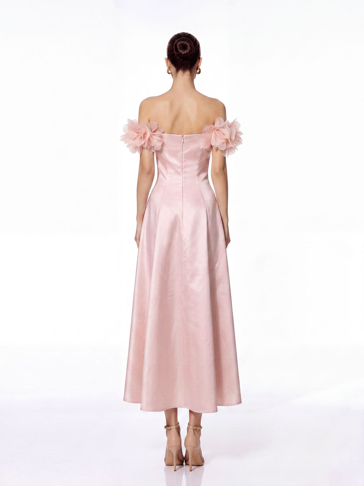 Sylven Off Shoulder Flower Satin Maxi Dress