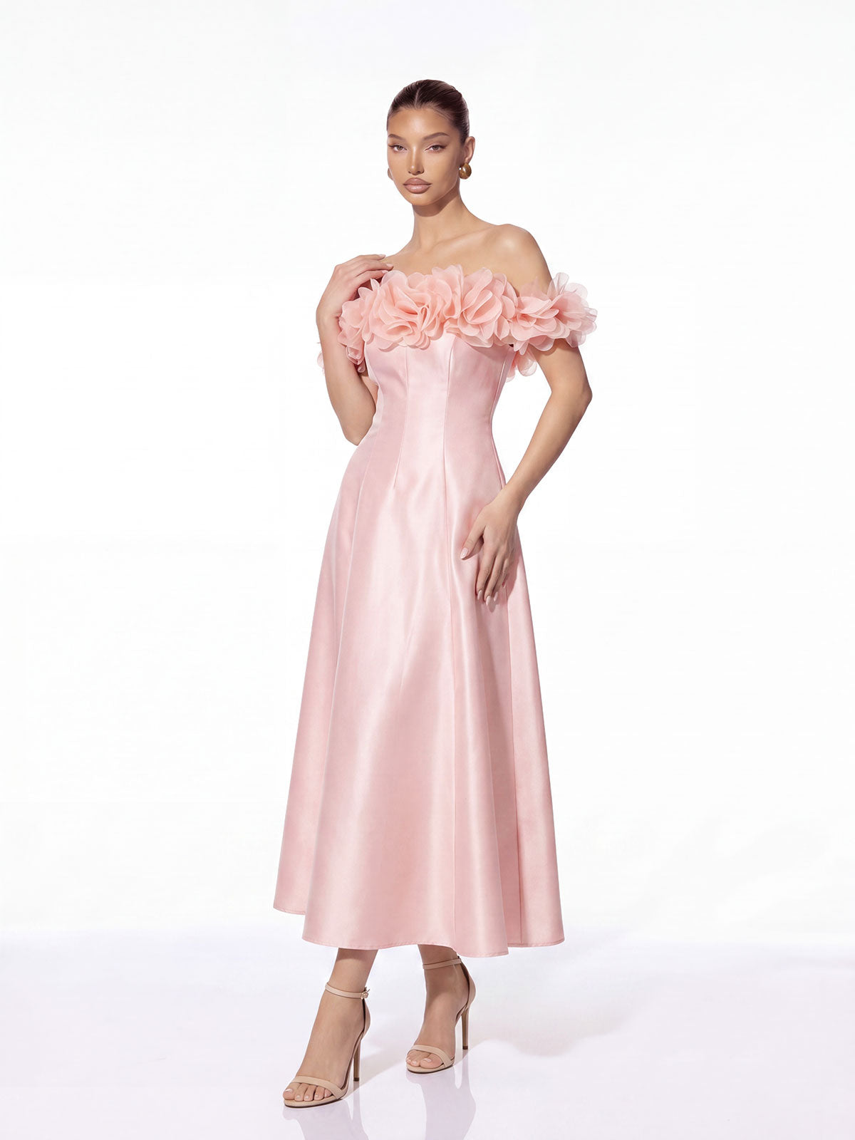 Sylven Off Shoulder Flower Satin Maxi Dress