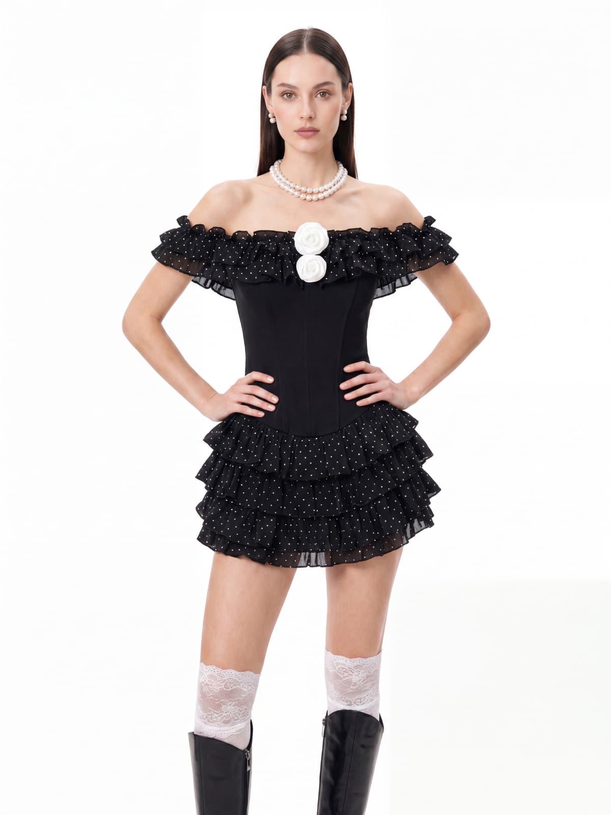 Talven Tiered Flower Dot Skirt Set In Black