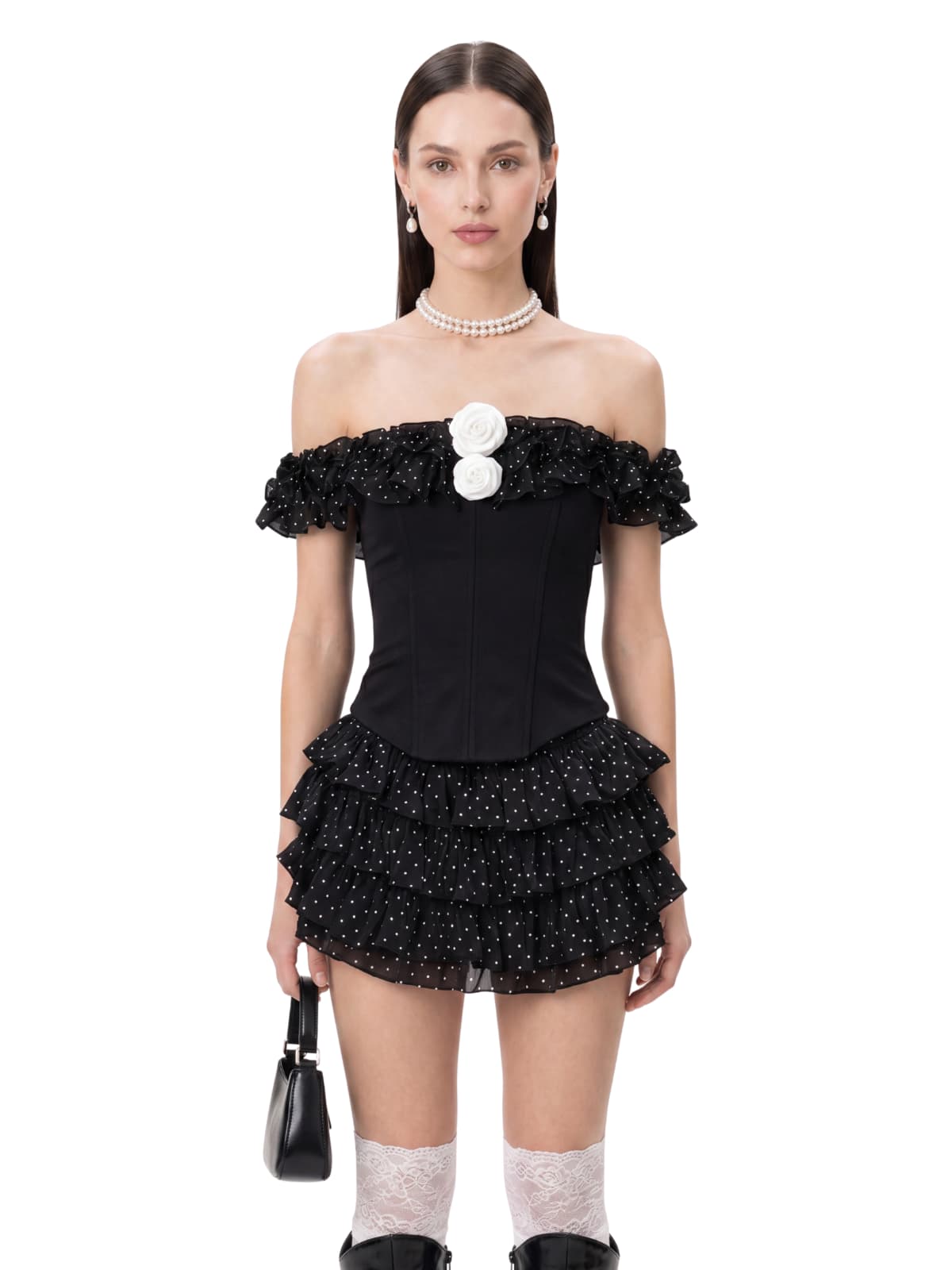 Talven Tiered Flower Dot Skirt Set In Black