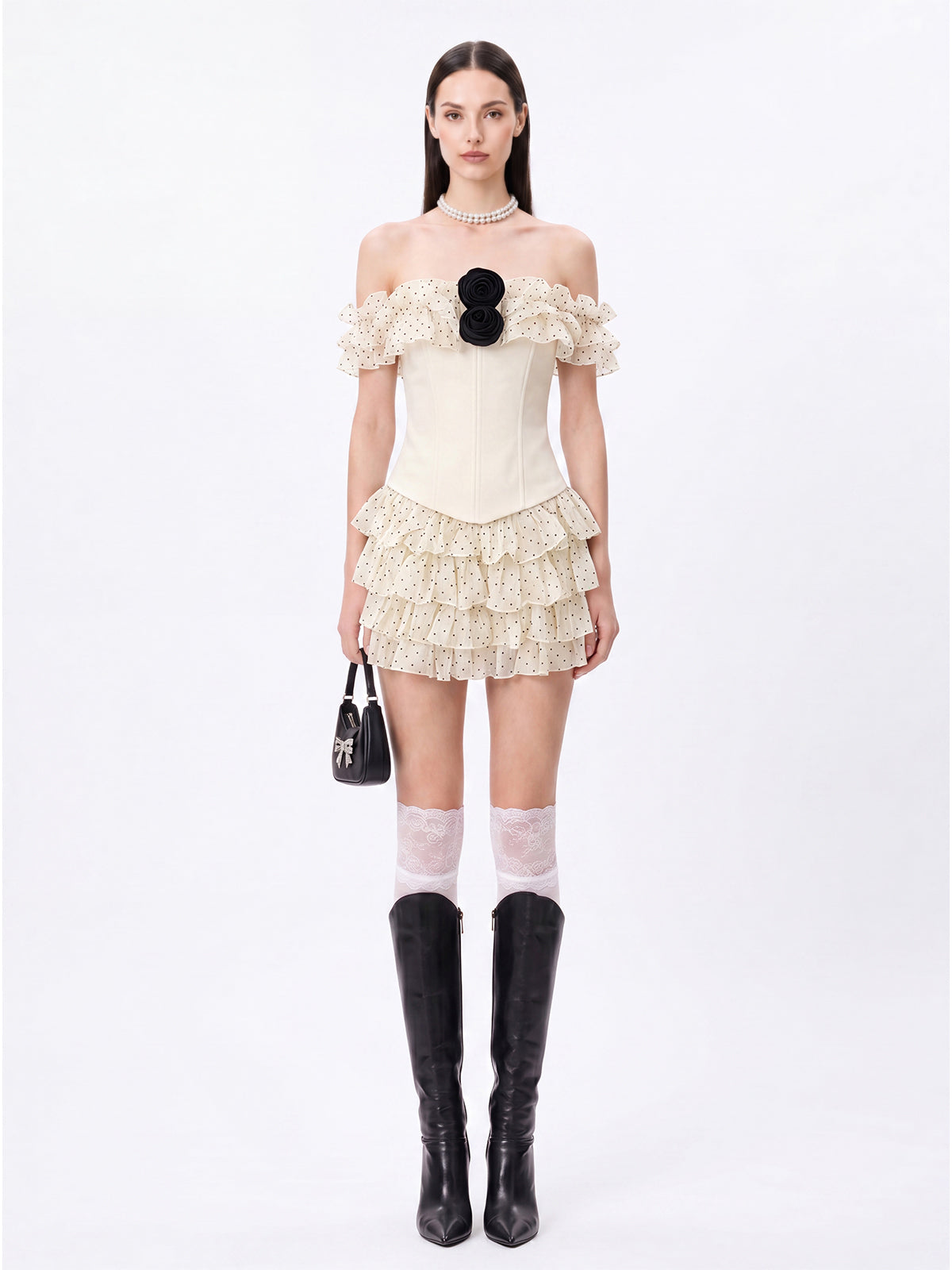 Talven Tiered Flower Dot Skirt Set In White