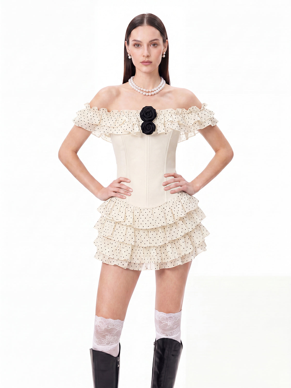 Talven Tiered Flower Dot Skirt Set In White