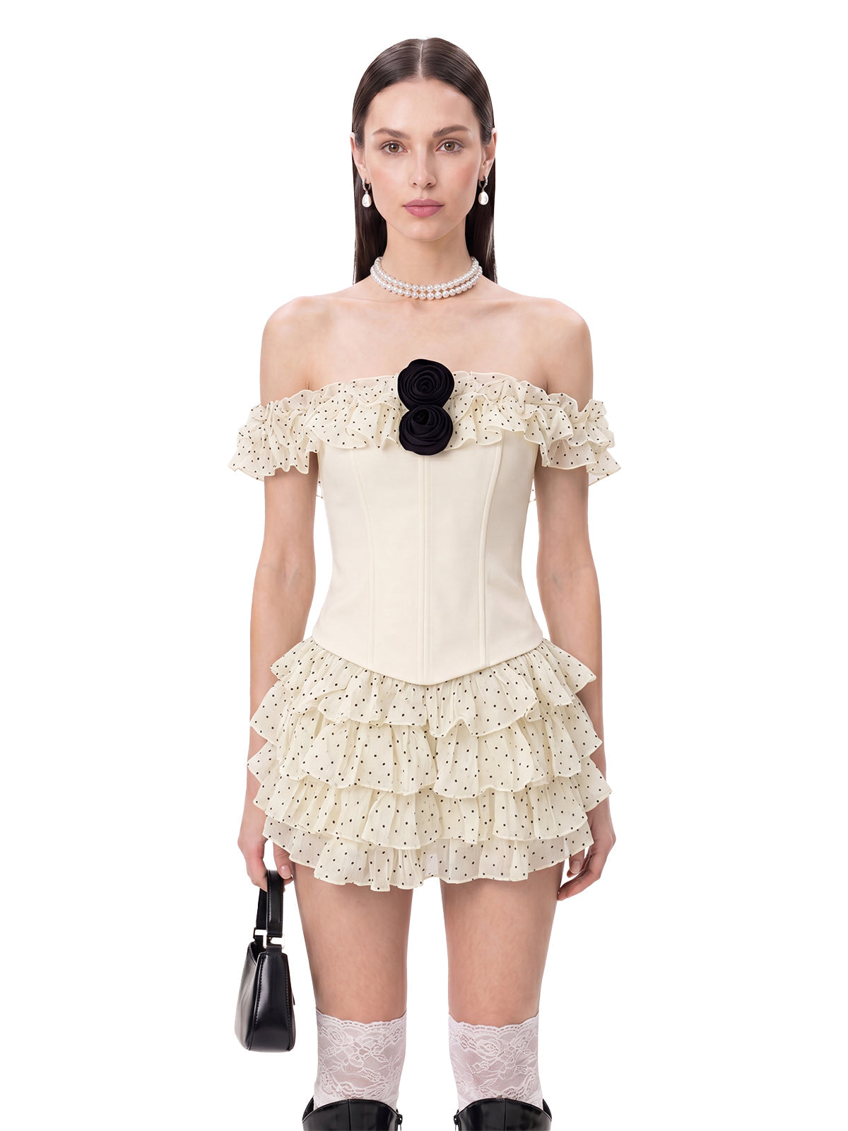 Talven Tiered Flower Dot Skirt Set In White