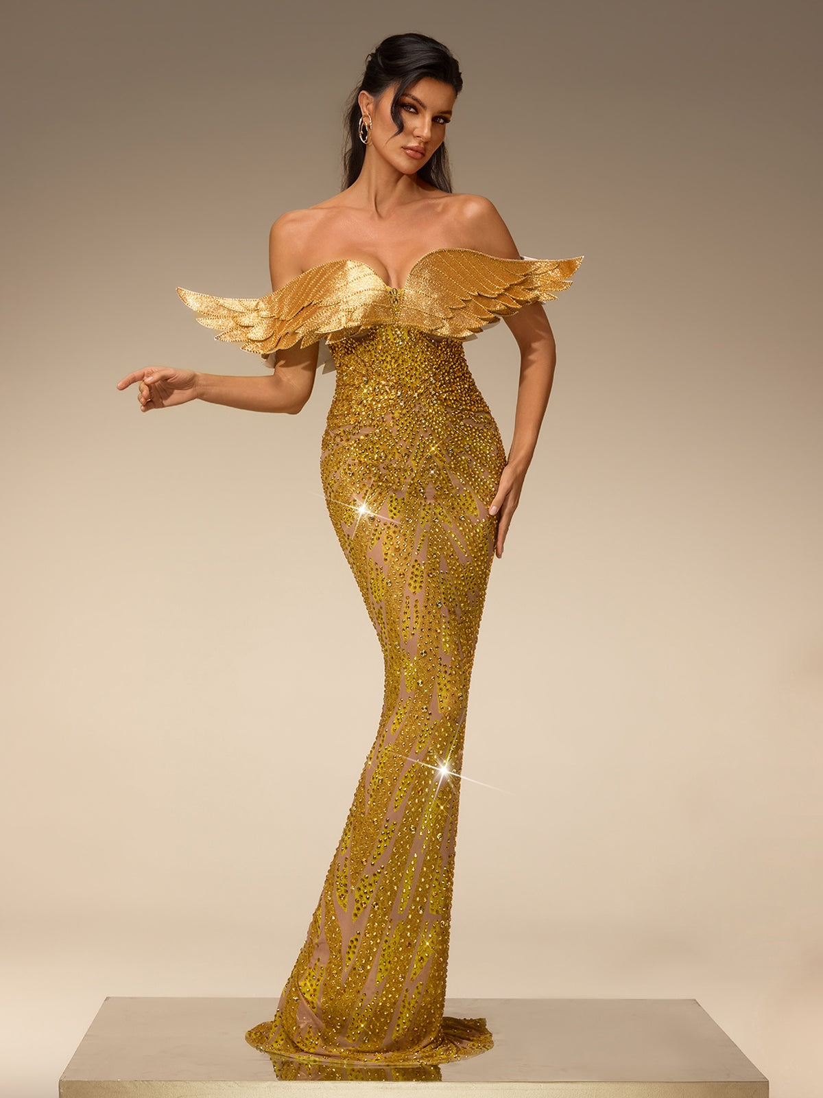 Torian Off Shoulder Wing Diamond Maxi Dress