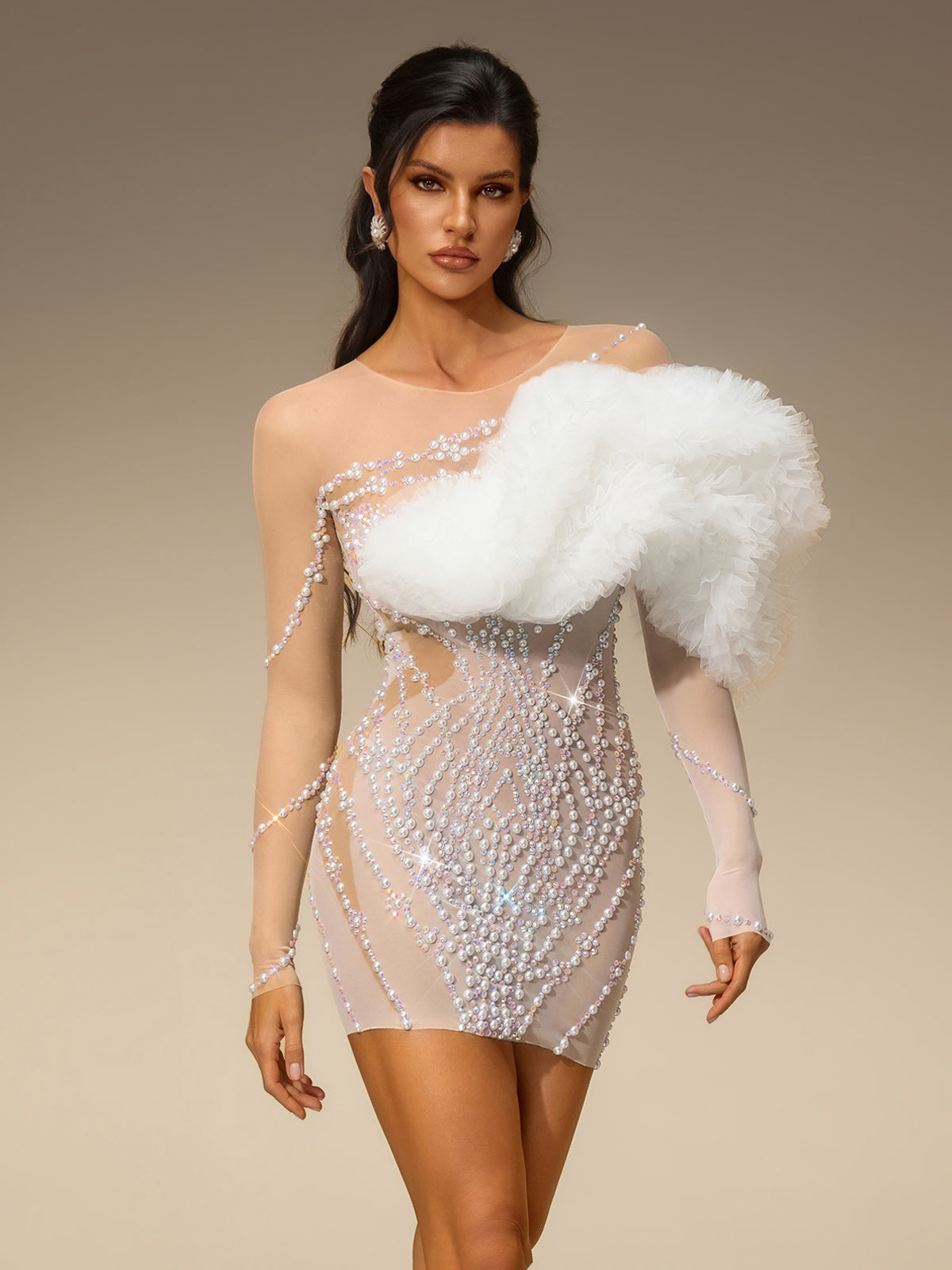 Torvex Long Sleeve Tulle Pearl Mini Dress
