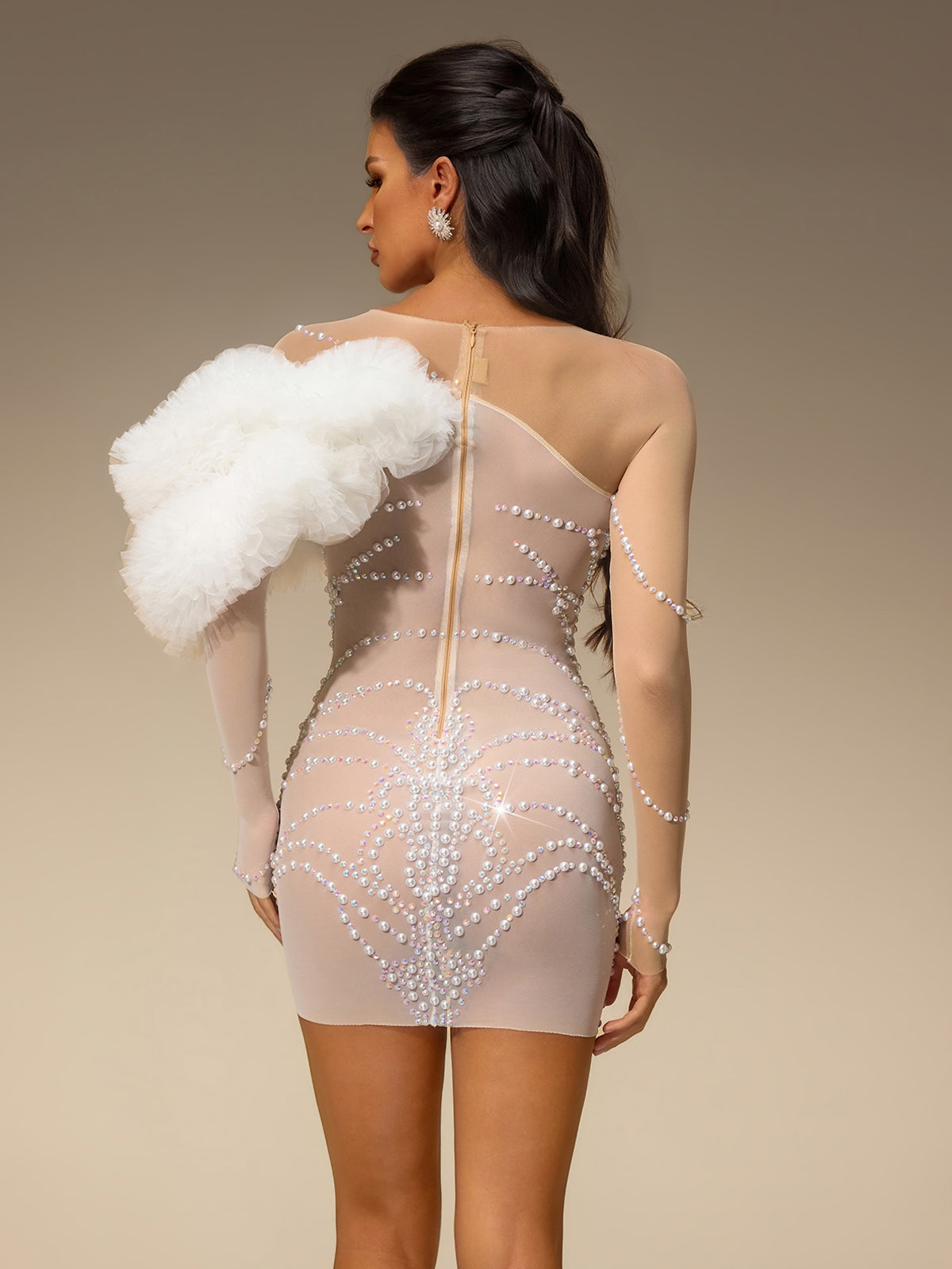 Torvex Long Sleeve Tulle Pearl Mini Dress