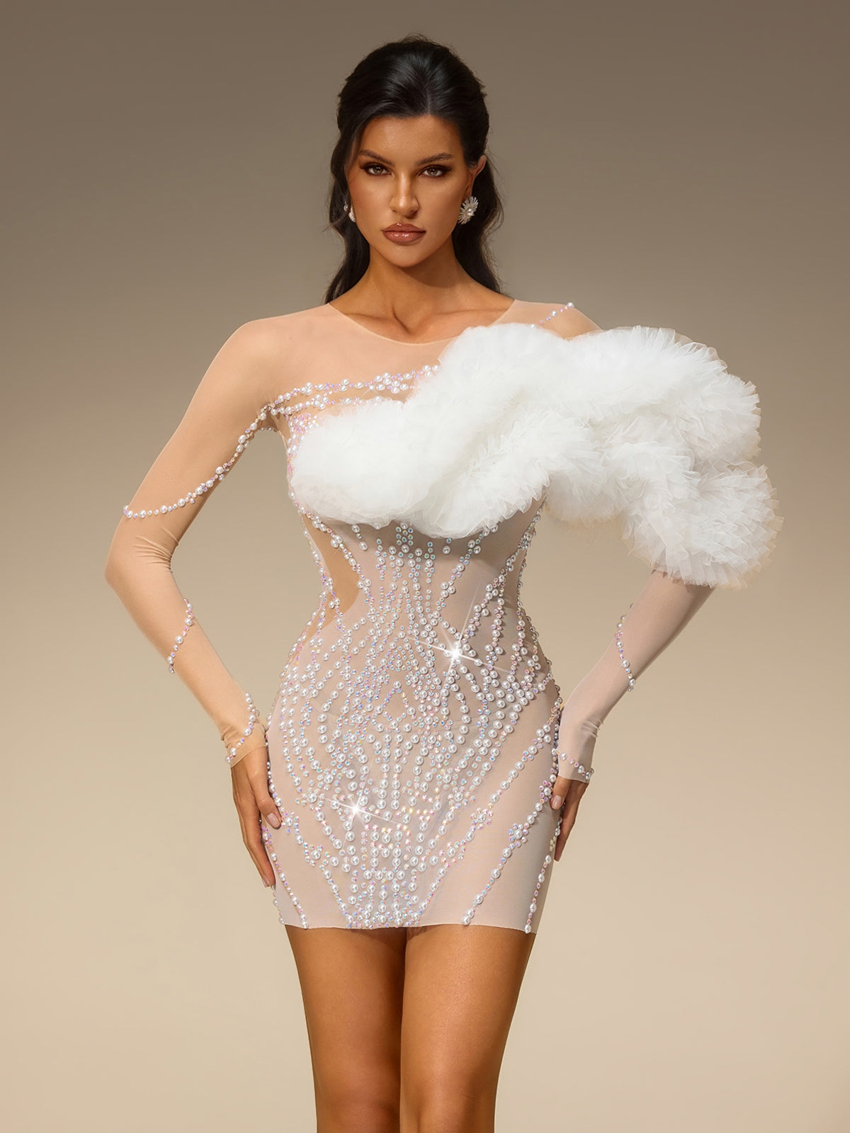 Torvex Long Sleeve Tulle Pearl Mini Dress