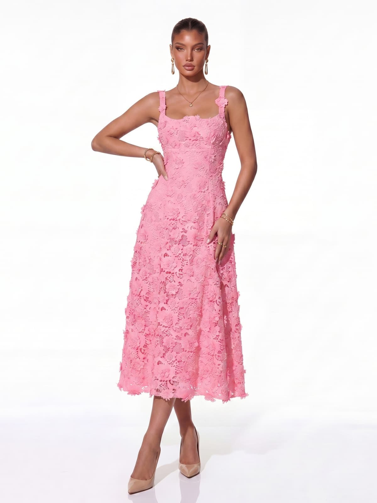 Triven Square Collar Flower Midi Dress