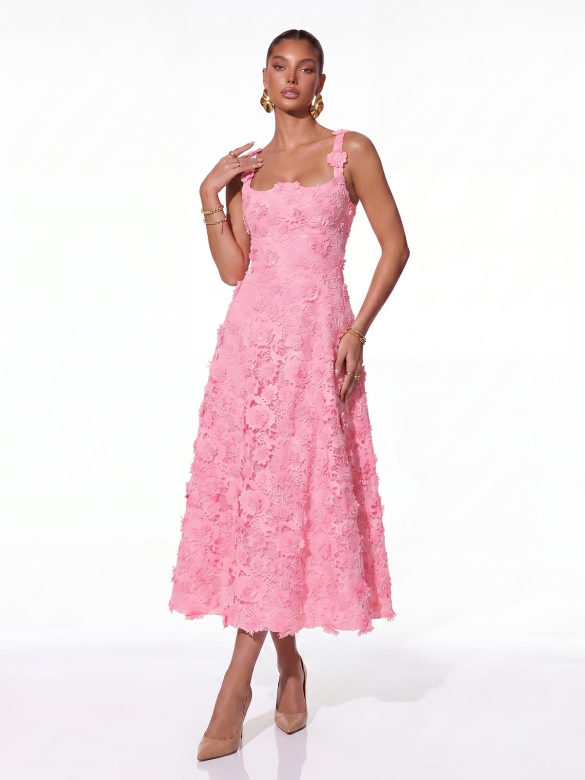 Triven Square Collar Flower Midi Dress