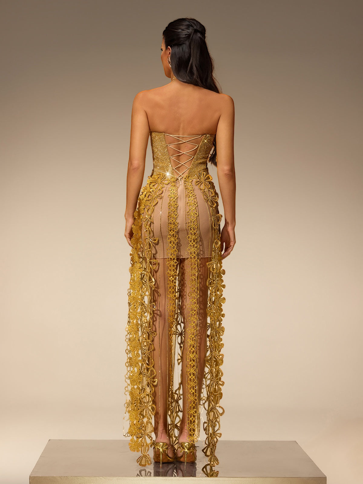 Tyriona Flower Rhinestone Fringe Maxi Dress In Gold