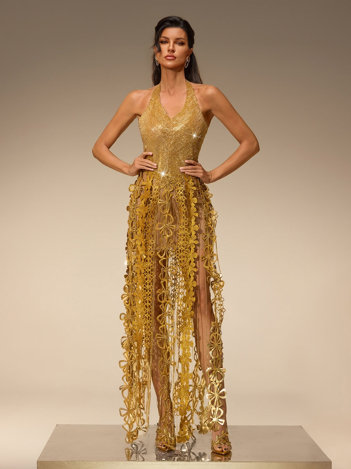 Tyriona Flower Rhinestone Fringe Maxi Dress In Gold