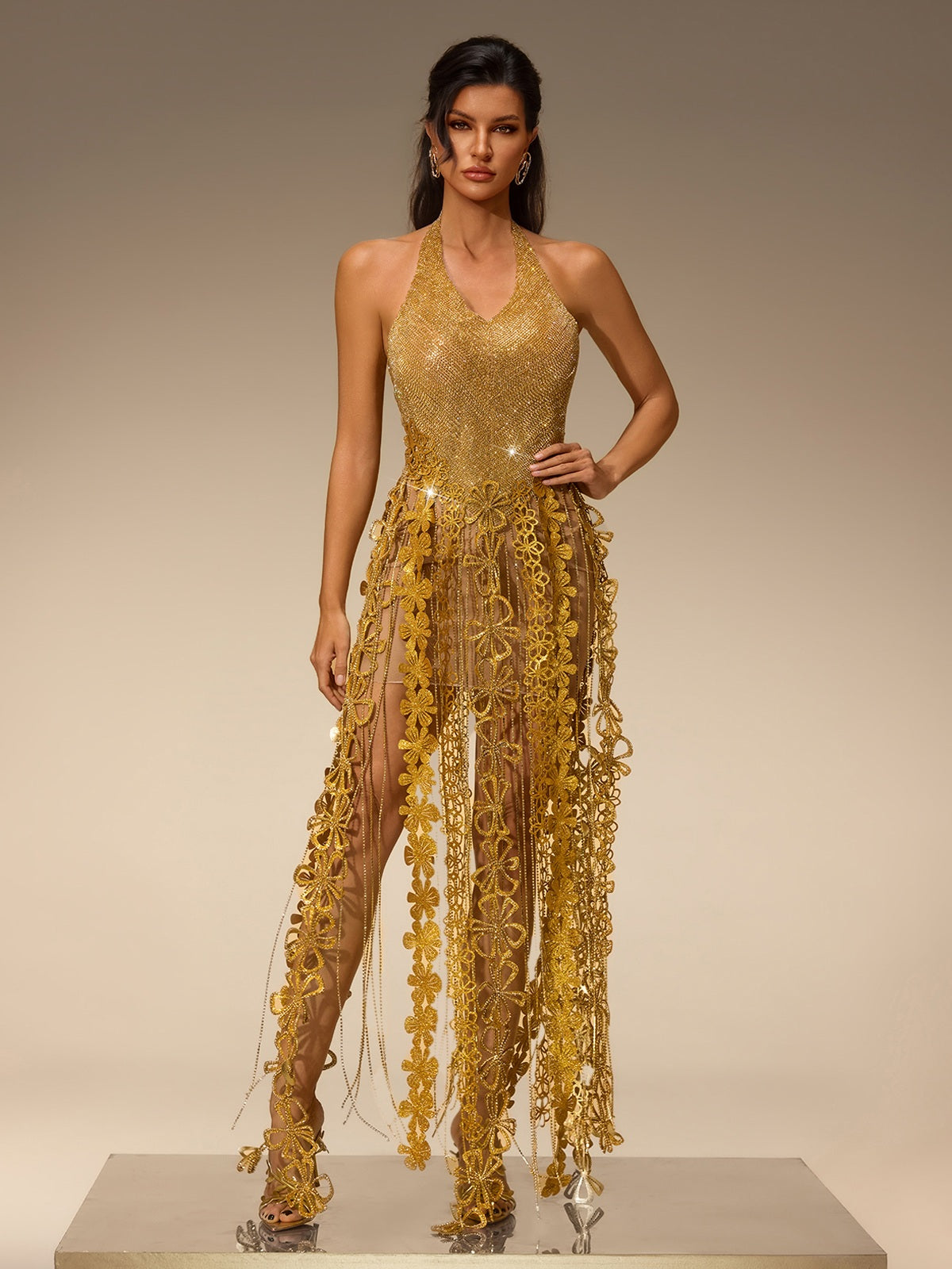 Tyriona Flower Rhinestone Fringe Maxi Dress In Gold