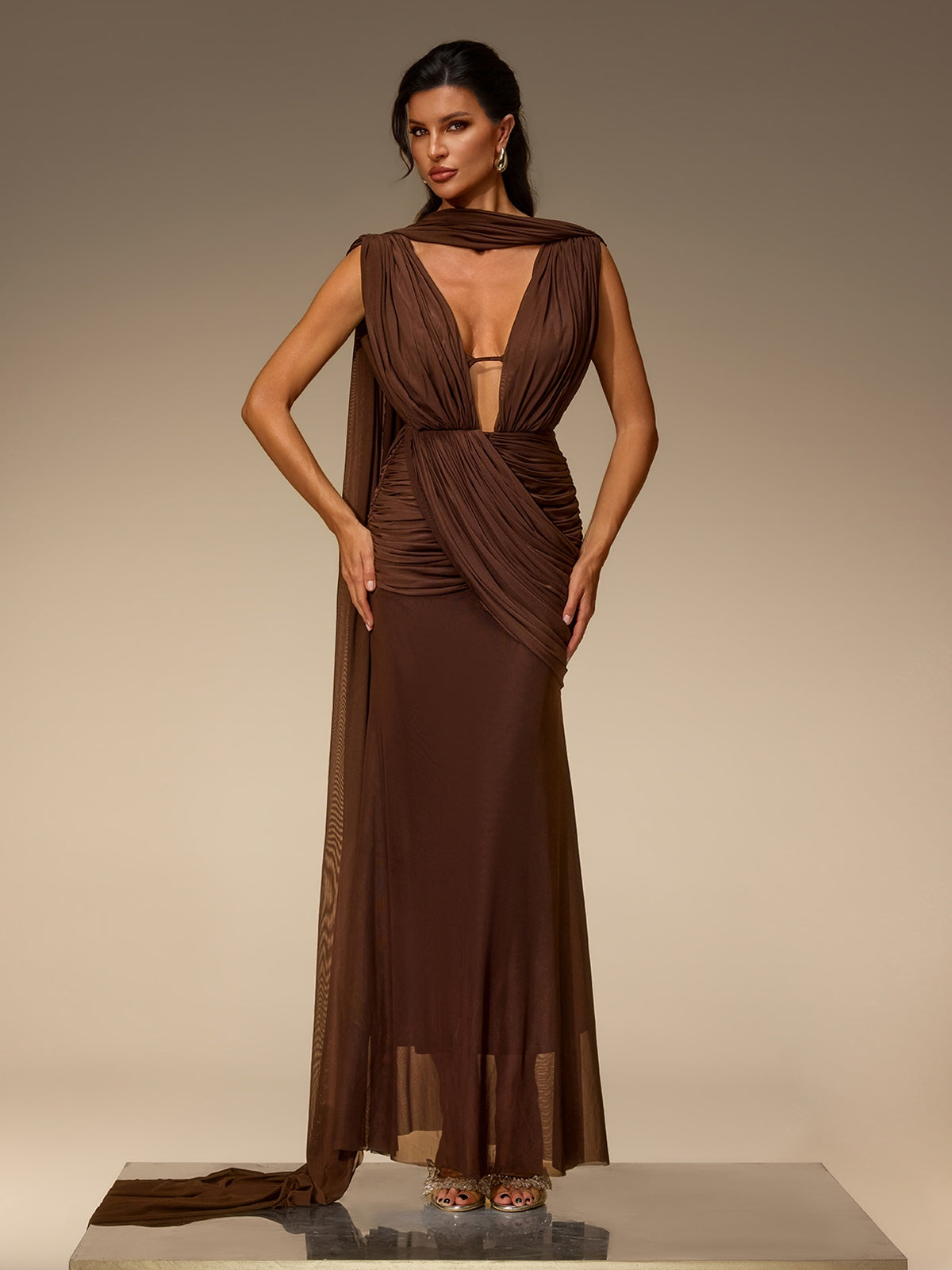 Velora Plunge Neck Scarf Ruched Maxi Dress