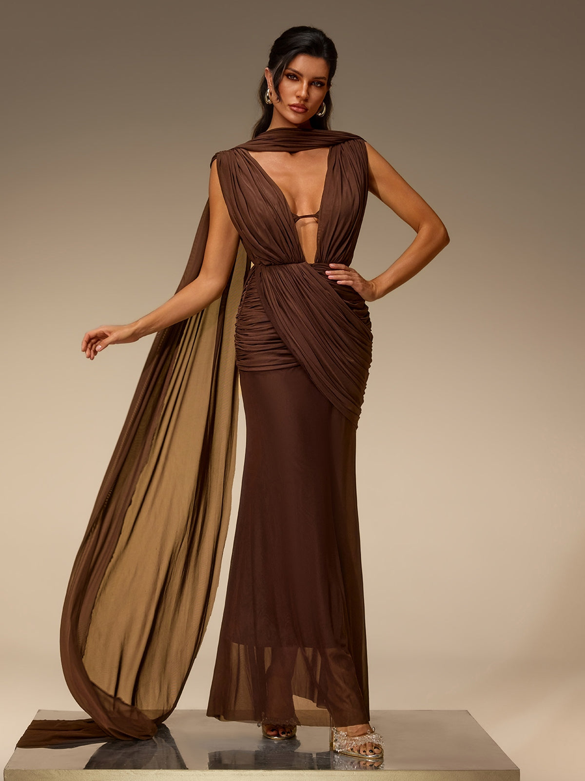 Velora Plunge Neck Scarf Ruched Maxi Dress