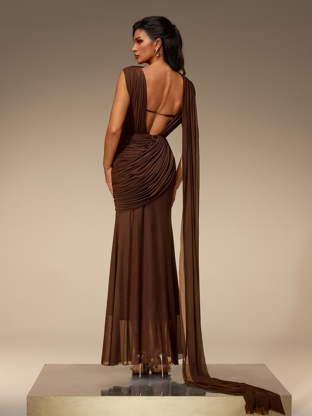 Velora Plunge Neck Scarf Ruched Maxi Dress