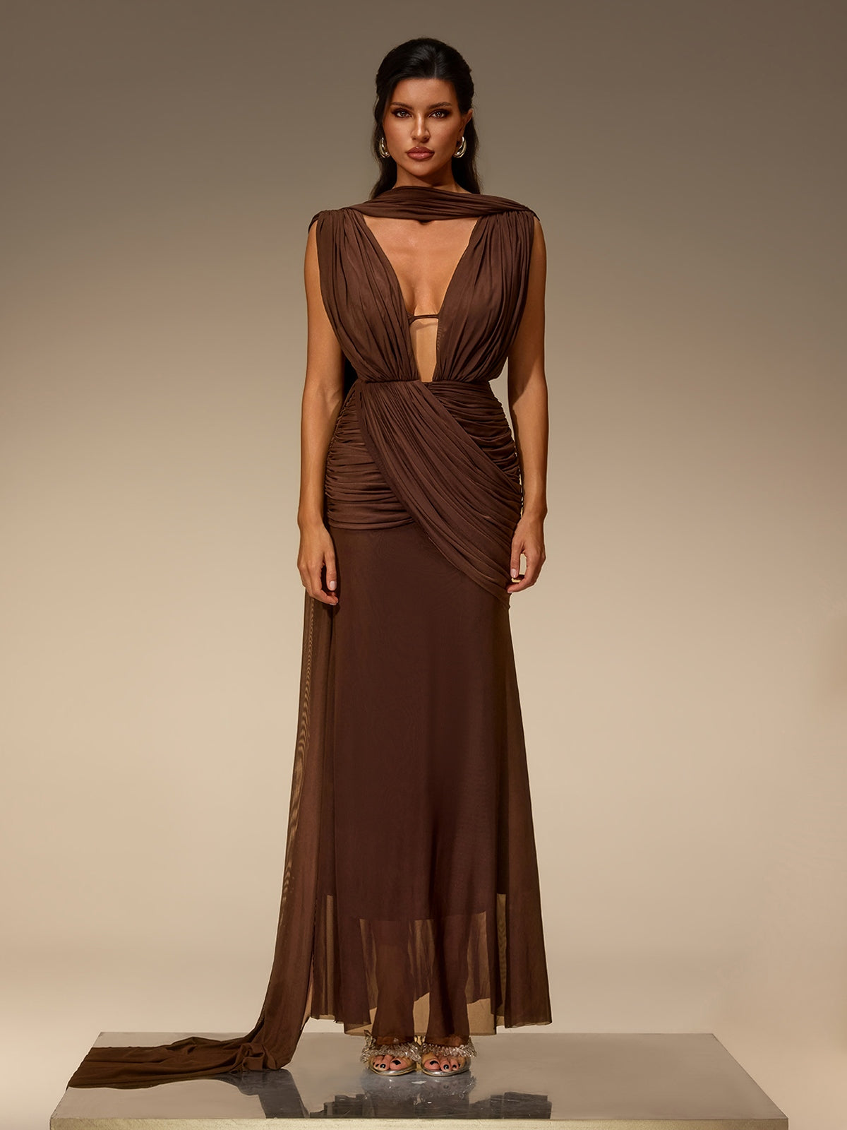 Velora Plunge Neck Scarf Ruched Maxi Dress