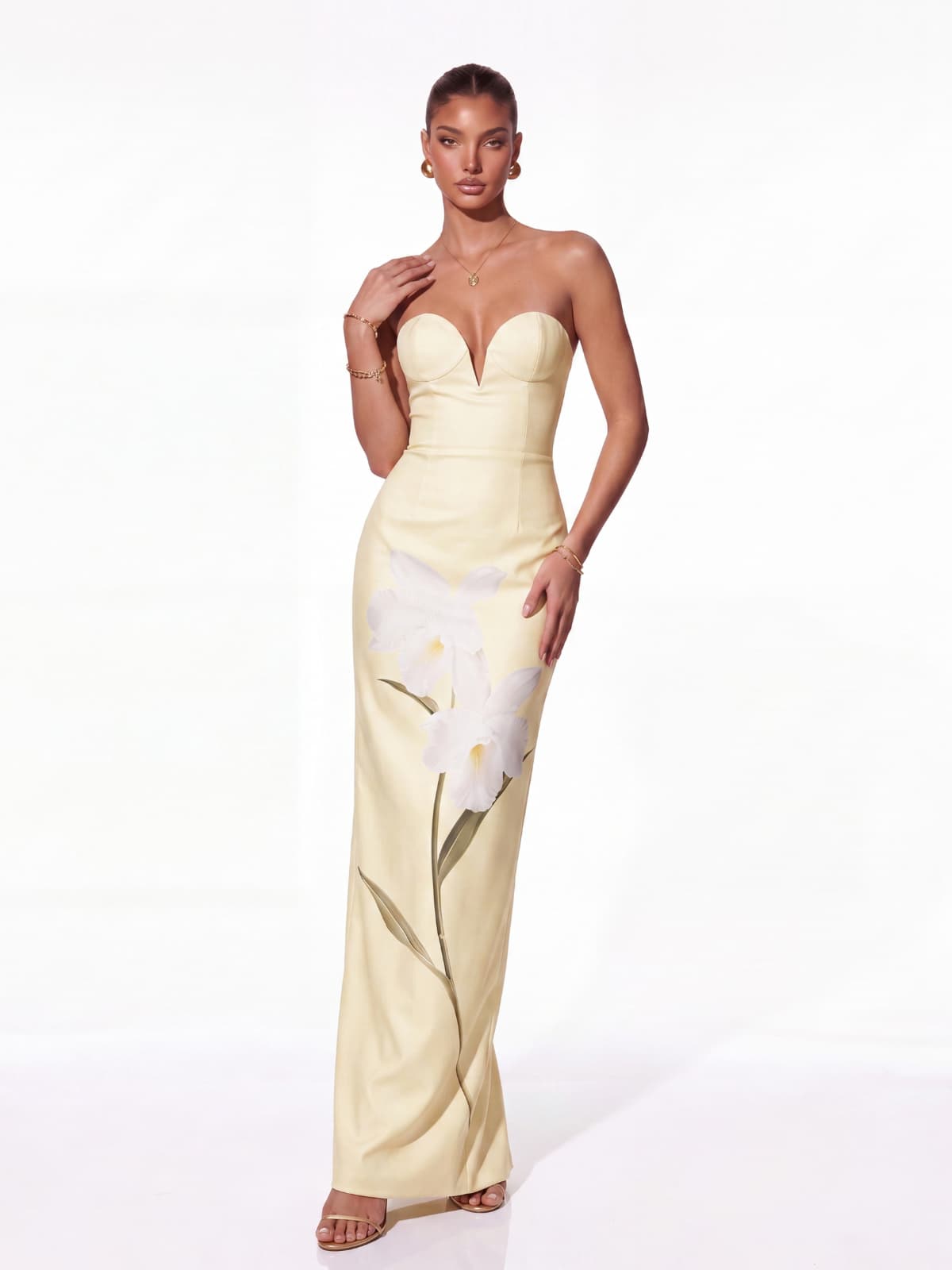 Vorlen Strapless Floral Split Maxi Dress