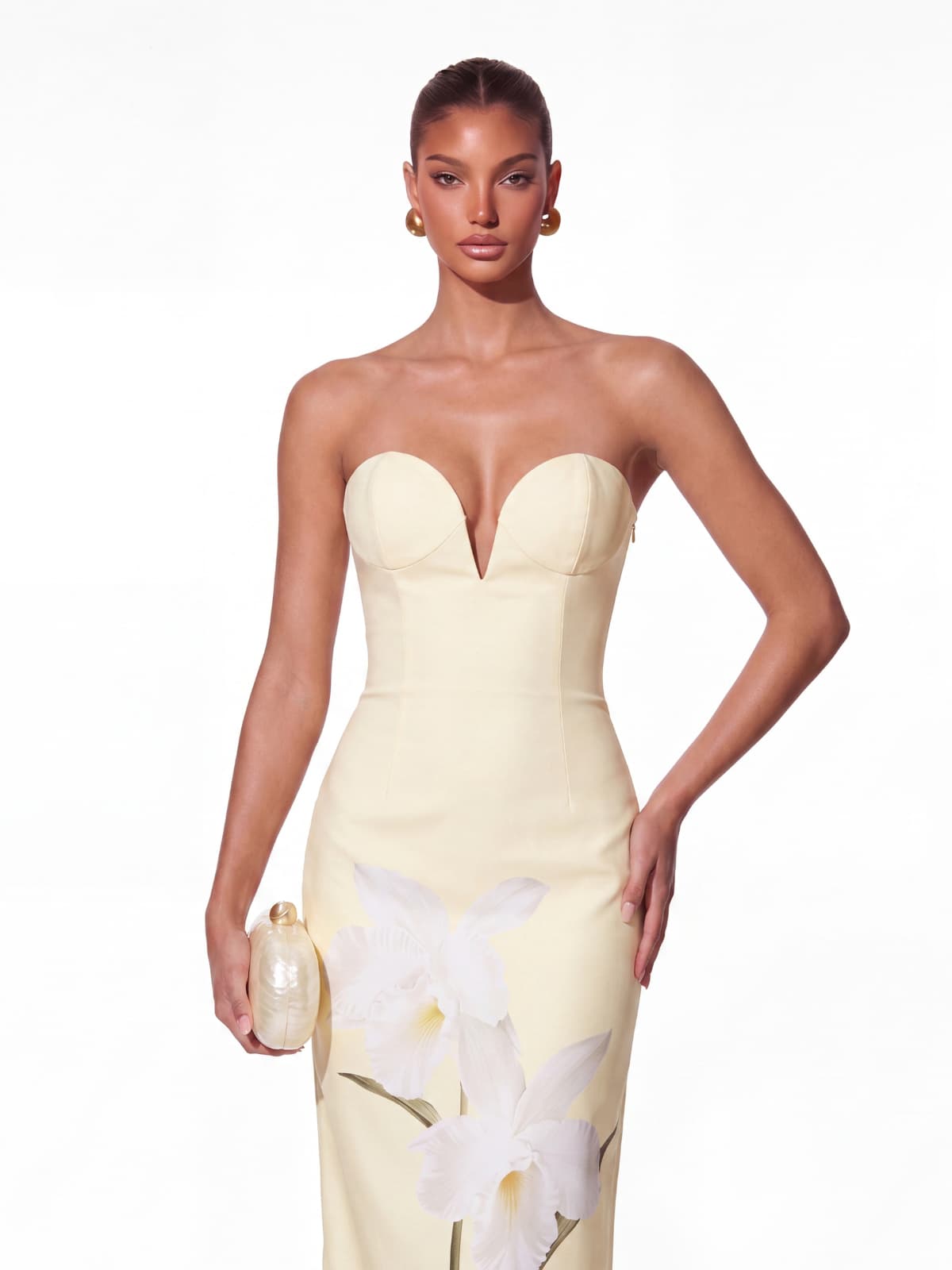 Vorlen Strapless Floral Split Maxi Dress
