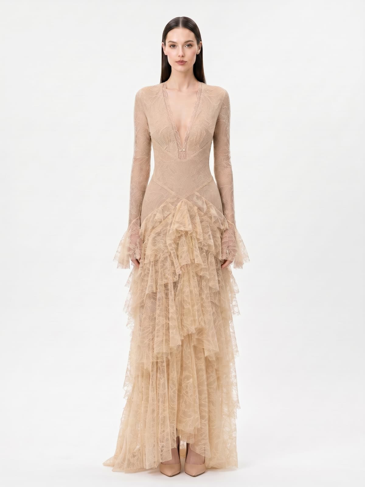 Wexler V Neck Lace Tiered Maxi Dress