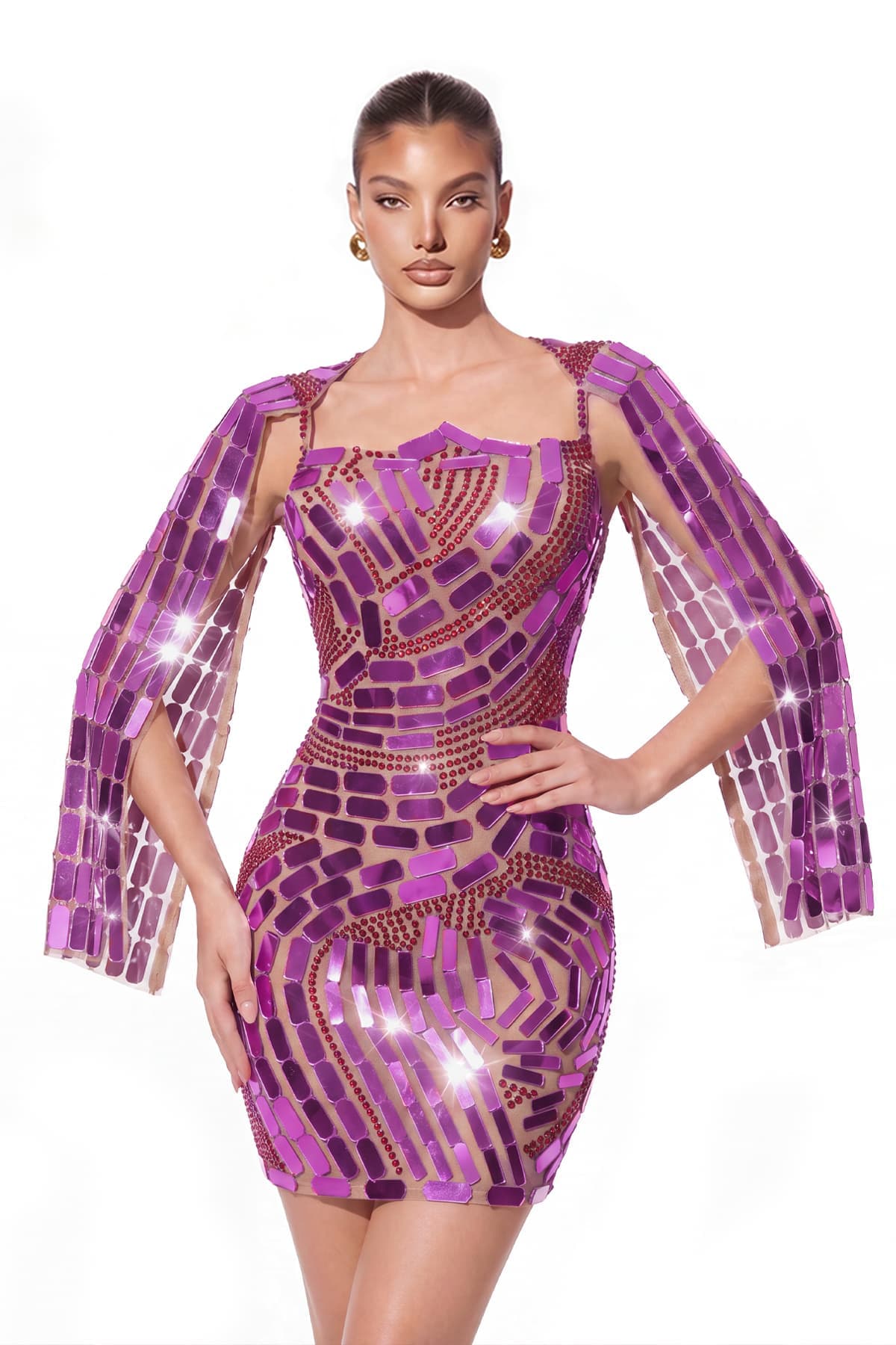 Wyral Cape Sleeve Rhinestone Acrylic Mini Dress In Purple