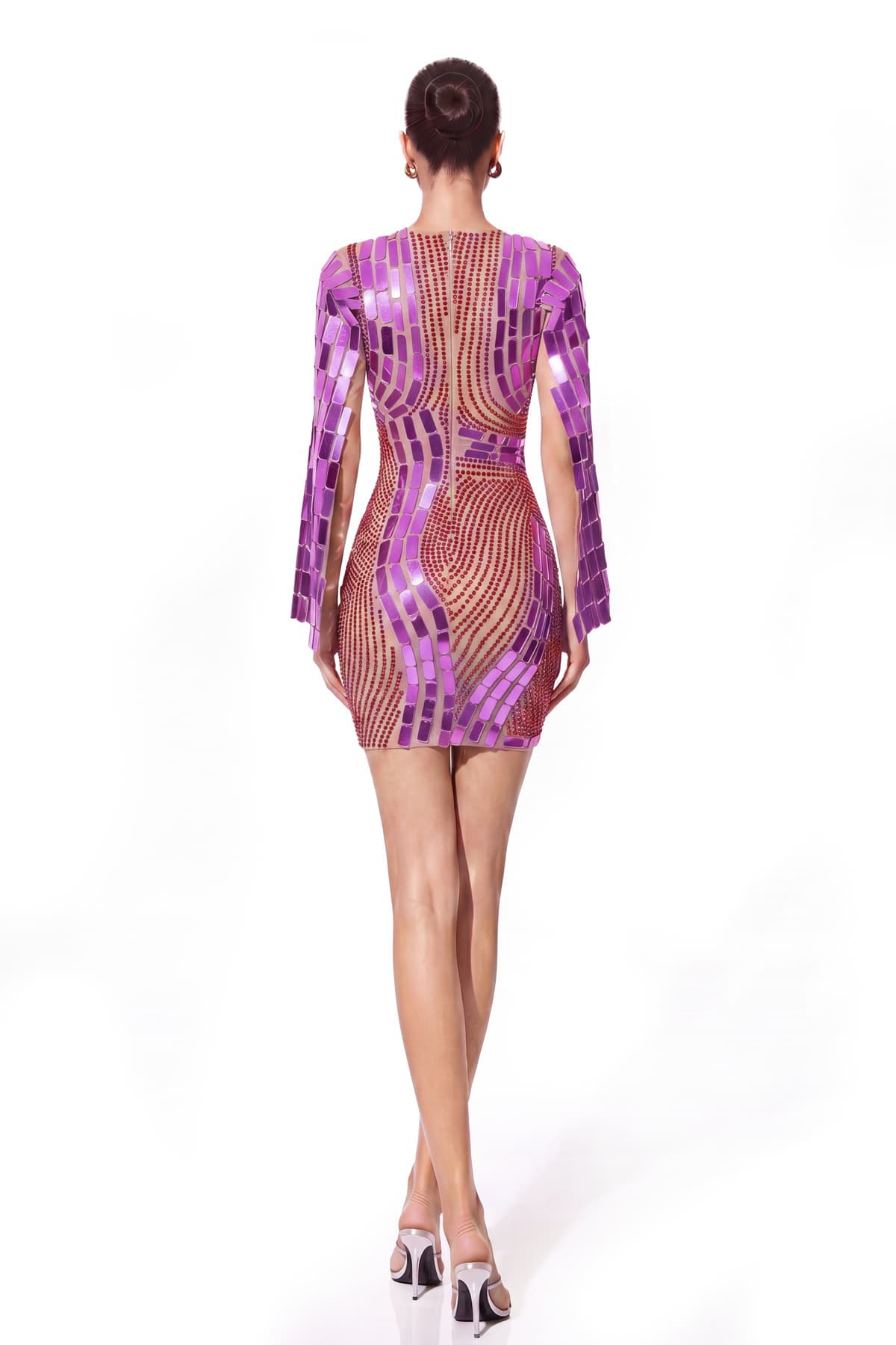 Wyral Cape Sleeve Rhinestone Acrylic Mini Dress In Purple